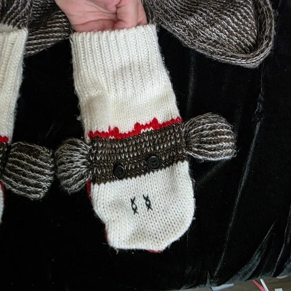 Knit Sock Monkey Scarf‎ with Hand Pockets Kitchy Whimsical Novelty Festive Retro